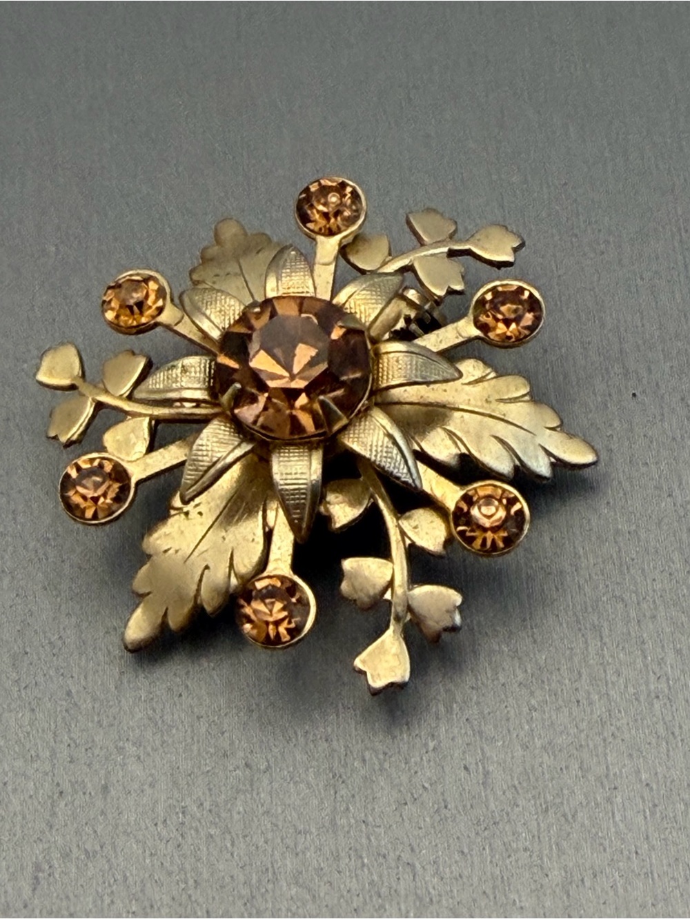 Vintage Amber Topaz Rhinestone Floral Brooch Gold Tone Layered Leaves 1.5”